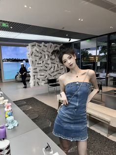 Blue Washed Denim Dress With Crystal Details | Lia - ITZY S Kpop Dress, Fashion Chingu, Lia Itzy, Black Lace Mini Dress, French Dress, Body Curves, Washed Denim, White Crochet, Colored Denim