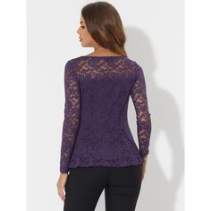 Elevate your wardrobe with this stunning peplum blouse that flatters your figure and adds an air of elegance to your essentials. This lace peplum top is a true beauty, featuring a peplum waist, a front keyhole, and intricate floral prints that are bound to turn heads. It is perfect for any occasion, including weddings, parties, cocktails, and more. You can pair it with your favorite jeans, pants, or skirts to complete a chic and sophisticated look. The fabric is not only stunning but also soft, Fitted Purple Lace Top, Purple Fitted Lace Top, Off Shoulder Peplum Top, Lace Peplum Top, Three Quarter Sleeve Blouses, Blouse Purple, Peplum Shirts, Floral Lace Tops, Pleated Shirt