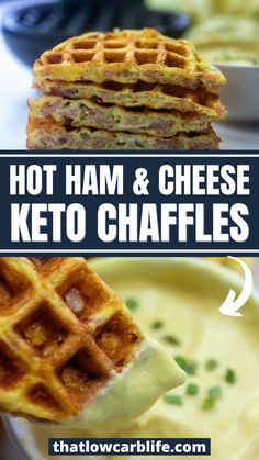 two pictures with the words hot ham and cheese keto waffles on them