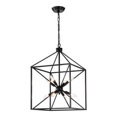 a black chandelier with four lights hanging from it's center point, on a white background