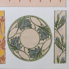 an image of a plate with flowers and leaves painted on the side by another piece of art