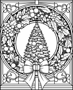 a black and white drawing of a christmas tree surrounded by holly wreaths, berries and bows