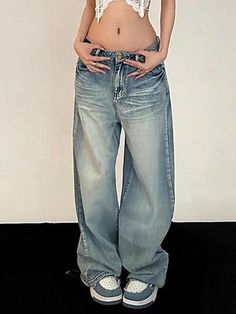 Vintage Washed Mopping Loose Boyfriend Jeans - AnotherChill Jeans Online Store, Y2k Baggy Jeans, Moda Denim, Streetwear Jeans, Jean Vintage, Pop Style, Jeans Fabric, Vintage Punk, Jeans Online