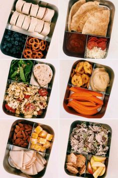 four different lunch boxes filled with food including meats, fruit and veggies