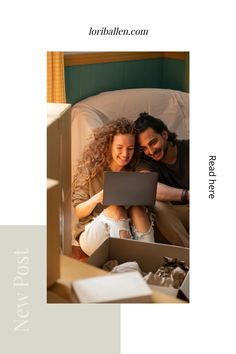 two people sitting on a bed looking at a laptop screen with the caption new for you