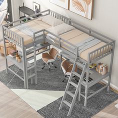 a loft bed with desk and chair underneath it