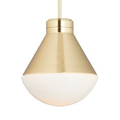 a brass colored pendant light with a white glass shade