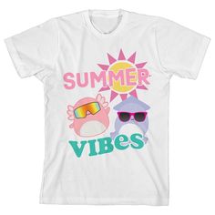 Dive into the vibrant world of Squishmallows with this youth white crew neck short sleeve t-shirt, radiating "Summer Vibes" with Archie the Axolotl and Sky the Squid donning sunglasses under a bright sun. Crafted from sustainably and fairly grown USA cotton, this tee brings both comfort and eco-consciousness to your little one's wardrobe. Machine washable on cold with like colors with a tumble dry on low heat, this shirt ensures that summer adventures stay breezy and stylish. Funny Multicolor Summer T-shirt, Funny Pre-shrunk T-shirt For Summer, Cute White T-shirt For Beach Season, White Crew Neck T-shirt For Summer Adventures, Funny Multicolor T-shirt For Summer, White Funny Print T-shirt For Summer Adventures, Playful T-shirt With Sublimation Print For Summer, Playful Graphic Print T-shirt For Beach Season, White T-shirt With Funny Print For Summer Adventures