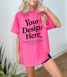 Pink Crew Neck Shirt With Graphic Design, Pink Branded T-shirt For Streetwear, Pink Crew Neck T-shirt With Print, Pink Graphic Tee With Branding, Pink Casual T-shirt With Graphic, Pink Relaxed Fit T-shirt With Branding, Casual Pink Printed T-shirt, Pink Branding T-shirt For Streetwear, Oversized Tshirt Mockup