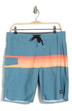 Hit the beach or the boardwalk in style in this quick-drying board shorts that feature a colorful stripe pattern. Lace-up closure Partially lined 92% polyester, 8% elastane Machine wash, tumble dry Imported Multicolor Surfing Shorts For Beach Season, Multicolor Bottoms For Spring Surfing, Summer Multicolor Swim Trunks For Water Sports, Summer Multicolor Bottoms For Water Sports, Multicolor Beachy Surfing Bottoms, Beachy Multicolor Surfing Bottoms, Multicolor Bottoms For Water Sports And Beach Season, Multicolor Bottoms For Water Sports In Summer, Multicolor Bottoms For Beach Season Water Sports