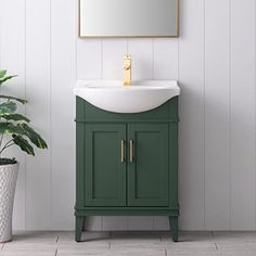 a bathroom sink with a mirror above it next to a potted plant on the floor