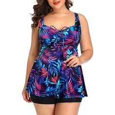 This Women's 2 Piece Flowy Bathing Suit features a tankini top that comes with boy shorts. The top has a padded push-up bra, adjustable shoulder straps, and a cute bowknot. The flyaway design of the bathing suit has a flattering fit and slimming flare silhouette that can hide the belly. The V-neckline has modest coverage and doesn't reveal too much. The swimsuit top has a tie knot, which you can adjust to give you a personalized fit. The boyleg bottom offers full coverage. Made of 85% Polyester Flattering Bathing Suit, Plus Size Bathing Suits, Purple Leaves, Plus Size Tankini, Spandex Top, Swimwear For Women, Beach Vacations, Plus Size Tank Tops, Tankini Set