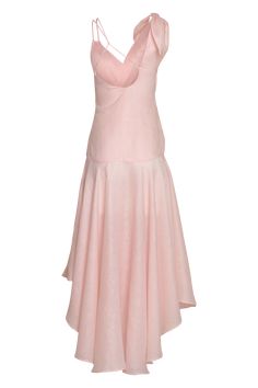 Modern shapes with romantic femininity is on full display in the pink Marea dress. Crafted from a lustrous light-weight linen, this breezy, mid-length dress falls into a high-low asymmetrical hemline creating a sense of movement and glamour. Wear it with a pair of simple backless low-heel for a bold yet sophisticated look or strappy flats for a day look. Pink Bias Cut Midi Dress For Evening, Pink Bias Cut Midi Dress, Pink Silk A-line Midi Dress, Feminine Asymmetrical Cocktail Dress, Pink Fitted Asymmetrical Dress For Spring, Elegant Pink Midi Dress With Bias Cut, Elegant Pink Bias Cut Midi Dress, Elegant A-line High Low Dress For Spring, Pink Asymmetrical Hem Maxi Dress For Evening