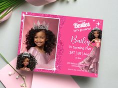 "Pink Glittery Doll Birthday Invitation, Perfect for Any Age!  Celebrate your little girl's special day with our customizable black barbie Birthday Invitation. This easy-to-use template is available to edit instantly. The Canva editor allows you to personalize your printable Invitation directly in your web browser. Once you've edited your invite, you can either print it at home or have it professionally printed at a local print shop.  The age on the template is five, but this can be edited for a Barbie 1st Birthday Invitation, Barbie Invitation Card, Black Barbie Birthday Party, Barbie Birthday Party Invitations, Barbie Invitation Template, Princess Invitation Template, Barbie Birthday Invitation, Barbie Invitation, Barbie Birthday Invitations