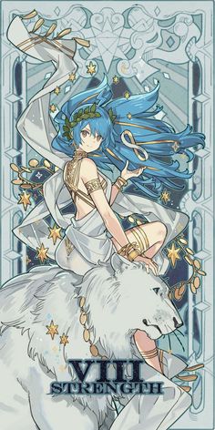 an anime character sitting on top of a white wolf with blue hair and stars around her neck