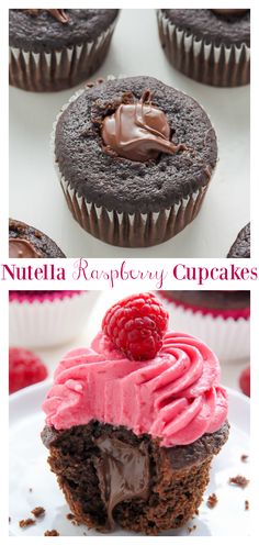 chocolate cupcakes with raspberry frosting in the middle and on top