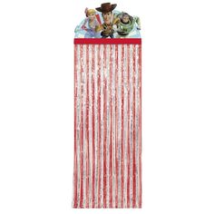 a red and white striped curtain with an image of toy story characters on the front