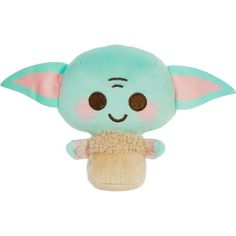 a small stuffed animal with brown eyes and pink ears holding a piece of bread in it's hand