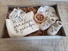 an open box with baby's clothing and socks