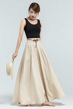 "Get dressed and out of the door in classic good looks with this pleated maxi skirt, crafted with soft cotton linen fabric, featuring pleated waist detail and twin big pockets. DETAIL * 50% linen ,50% cotton * No Lining, Not see through * Pleated waist * Ankle Length * Two pockets * Belt loops on waistband * Side zipper closure * Perfect for spring and summer. * The belt model wears is not for sale * More color and More size https://etsy.me/2Q0qceO SIZE GUIDE Size vary between Brand and Country Linen Maxi Skirt Outfit, Fashion Mistakes Woman, Maxi Linen Skirt, Clothes Capsule Wardrobe, Maxi Skirt Outfit, Long Linen Skirt, Linen Maxi Skirt, Outfit For Summer, Skirt Linen