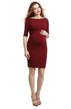 A scallop-trimmed neckline dips slightly off the shoulders on this elegant dress styled with three-quarter sleeves and shapely, bump-accentuating stretch. 35 1/2" length Hidden back-zip closure Bateau neck Three-quarter sleeves Partially lined 97% polyester, 3% spandex Machine wash, dry flat Imported Elegant Bodycon Dress With Boat Neck, Chic Stretch Dress With Half Sleeves, Chic Fitted Maternity Dress With Short Sleeves, Chic Fitted Short Sleeve Maternity Dress, Chic Fitted Maternity Dress, Elegant Stretch Maternity Dress, Formal Stretch Dresses With 3/4 Sleeve, Elegant Stretch Maternity Dress With Short Sleeves, Chic Fitted Knee-length Maternity Dress