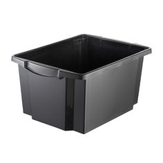 a black plastic storage box on a white background