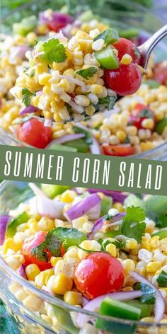 corn salad with tomatoes, cucumber and cilantro in a glass bowl