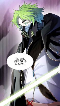 an anime character with green hair and black clothes holding a white object in his hand