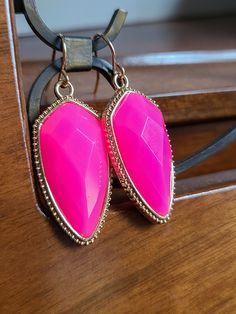 Hot pink dangles approx 2 in. Trendy Pink Dangle Jewelry, Trendy Pink Dangle Earrings, Trendy Pink Drop Earrings, Pink Dangle Jewelry For Party, Adjustable Pink Teardrop Jewelry, Adjustable Teardrop Pink Jewelry, Handmade Pink Drop Jewelry, Pink Drop Earrings For Party, Adjustable Pink Dangle Earrings