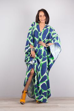 "V neck kaftan dress, blue green dress, Boho summer dress, Long maxi dress perfect as swimsuit cover up, beach dress It is a very stylish garment and the long sleeves definitely give it that romantic touch. Produced by NUICHAN & Co PRODUCT SIZE :  * Chest : max 58\" * Waist : max 58\" * Hips : max 58\"  * Length : 55\" from shoulder to hem * Sleeve Length : 20\" from neckline to hem MATERIAL  * Rayon * Print can be in a slightly different position. MODEL : * Model chest : 32\", waist : 24\" hips Multicolor Maxi V-neck Dress For Vacation, Green V-neck Vacation Dress, Green V-neck Dress For Vacation, V-neck Sundress For The Beach In Maxi Length, Beach V-neck Sundress In Maxi Length, Beach Sundress V-neck Maxi Length, Green V-neck Beach Dress For Vacation, Floor-length V-neck Dress For Beach In Summer, Multicolor Maxi Length V-neck Dress For Vacation