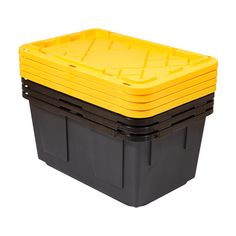 three black and yellow plastic storage boxes on white background with clipping for each container