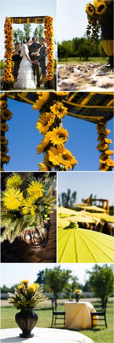 a collage of photos with yellow flowers in vases