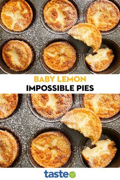 baby lemon impossible pies in pans with powdered sugar on top