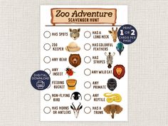 the zoo adventure scavener hunt game is shown with animals and other things on it