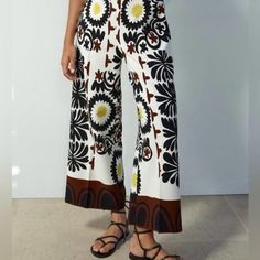 Nwot Women S Zara Bohemian Printed Culottes The Fabric Is Very Stretchy And Flattering! These Would Be Perfect Walking Around A Beautiful Resort, Or Dressed Up For A Day At The Office. White Floral Print Pants, White Floral Print Straight Pants, Chic Floral Print Wide Leg Pants For Vacation, Printed Wide Leg Pants For Beach In Spring, Spring Beach Wide Leg Printed Pants, Spring Beach Printed Wide Leg Pants, Chic Summer Wide Leg Pants With Floral Print, Floral Print Wide Leg Pants For Beach, Chic Summer Floral Print Wide Leg Pants