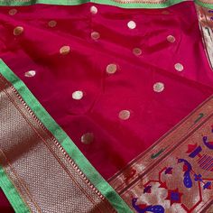 Handwoven Silk Paithani Sari With Golden Zari Border And Pallu. Comes With Green Unstitched Blouse Piece. Transitional Red Chanderi Traditional Wear, Transitional Red Traditional Wear In Chanderi, Red Paithani Silk Traditional Wear With Motifs, Red Chanderi Traditional Wear For Celebration, Elegant Red Paithani Silk Saree, Transitional Red Paithani Silk Traditional Wear, Red Paithani Silk Traditional Wear With Traditional Drape, Red Paithani Silk Traditional Wear For Transitional Season, Red Bollywood Paithani Silk Traditional Wear