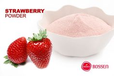 two strawberries are next to a bowl of strawberry flavored powder on a white background