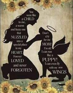 the silhouettes of two dogs with sunflowers in front of them and an inscription that