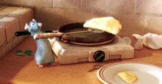 a cartoon mouse is cooking on top of an electric stove and holding a spatula