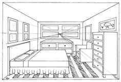 a drawing of a bedroom with two beds and dressers in the corner, one is empty