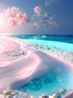 an artistic painting of pink flowers floating in the air over blue water and white sand