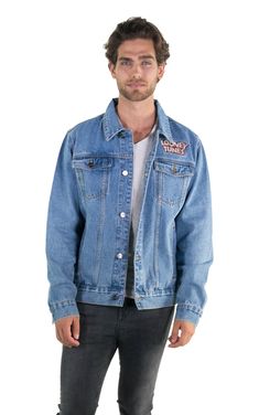 Men Looney Tunes Denim Trucker Jacket  Front Urban Style Denim Jacket For Urban Adventures, Casual Medium Wash Denim Jacket With Graphic Print, Cartoon Nostalgia, Iconic Cartoon, Yearbook Pictures, Members Only Jacket, Vintage Cartoons, Looney Tunes Characters, Denim Trucker Jacket