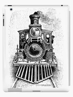 a black and white drawing of a train engine on the tracks ipad case / skin