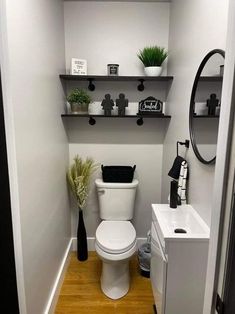 a white toilet sitting inside of a bathroom next to a sink and shelf filled with potted plants