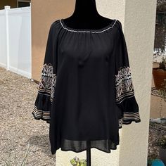 -Max Studio Peasant Blouse -New With Tag -Size Medium -Black -Embroidered Flounce Sleeves -100% Rayon -Hand Wash Or Dry Clean Fitted Lace Top, Curved Hem Top, Yellow Floral Top, Clothes For Women Over 50, Sleeves Women, Floral Ruffle Top, White Floral Blouse, Embroidered Sleeves, Printed Sleeveless Blouse