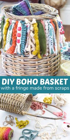 a basket filled with lots of different types of crochet items and the words diy boho basket with fringe made from scraps