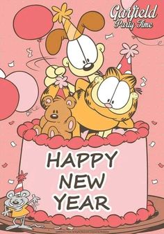 happy new year from garfield the cat and friends on top of a cake with balloons