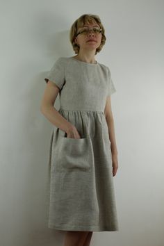 "Spring dress, Handmade natural linen dress with short sleeves , perfect for casual wear and suitable for any occasion in any season Details: - 100% natural linen produced in Europe ; - medium weight (180 gram per square meter); - color: natural, color from catalog. Made to order, approximately a few days, If you have any questions please message me and I will be glad to answer. Size guide : Size S Bust: fits bust around 33\"-34\"/ 84-88 cm Waist: fits waist around 25\"-26\"/ 64-68 cm Hips: fits Basic Dress Pattern Linen, Casual Dress With Straight Neckline, Cheap Cotton Lined Dresses, Cheap Everyday Cotton Dress, Affordable Casual Dress With Button Back, Luxury Linen Short Sleeve Dress, Casual Dress With Notched Neckline, Casual Dresses With Notched Neckline, Luxury Linen Dress With Square Neck