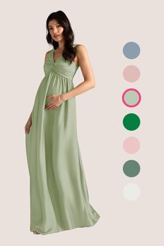 a pregnant woman in a green dress