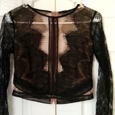 Beautiful Mid Waist Black Lace See Thru Top. Black Detail In Front Covers Breast And Leaves Cleavage Exposed. Looks Elegant On. Great For Cocktail Party Or Club Wear. Has A Rip In The Lower Back On Nude Part Of Fabric, Not Noticeable When Worn. Refer To Pictures. Zips Up In The Back. Chic Lace Crop Top For Party, Long Sleeve Lace Crop Top For Party, Elegant Sheer Crop Top For Evening, Elegant Sheer Evening Crop Top, Long Sleeve Lace Crop Top For Night Out, Cropped Lace Top For Party, Lace Long Sleeve Crop Top For Night Out, Black Sheer Crop Top For Evenings, Black Sheer Crop Top For Evening